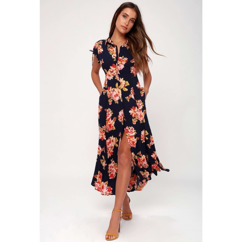 LuLus I’m Worth It Navy Blue Floral Midi Dress